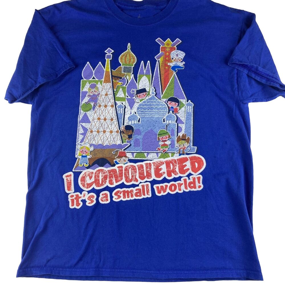 Disney Parks It’s a Small World Shirt Mens L Blue Graphic Tee I Conquered